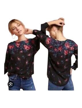 Maeve Womens Rose Floral Print Moody Botanical Linen Blend Blouse Small